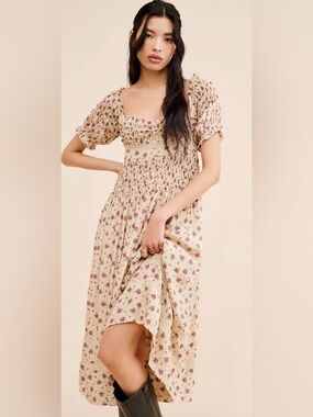 Free People Bali Juniper Midi Dress Floral Smocked Puff Sleeve Size 6